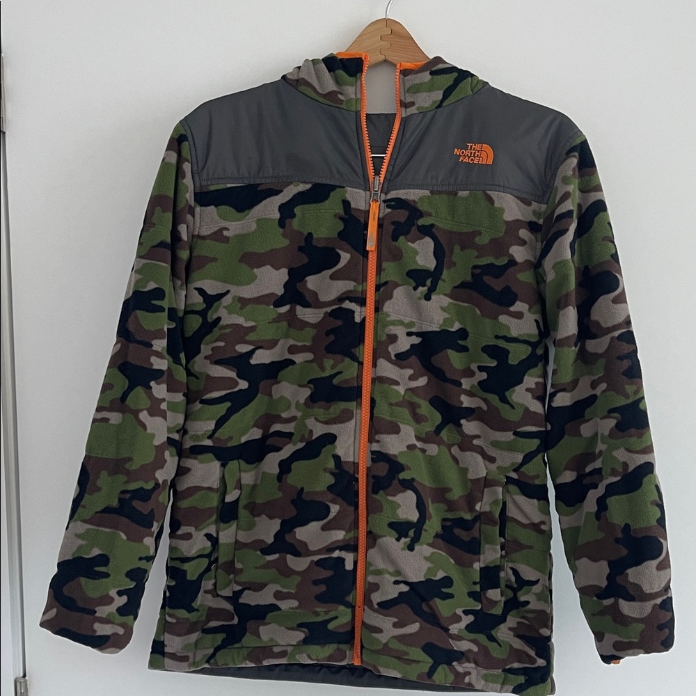 The North Face Green Camo Fleece Jacket with Orange Trim (Unisex) - Reversible